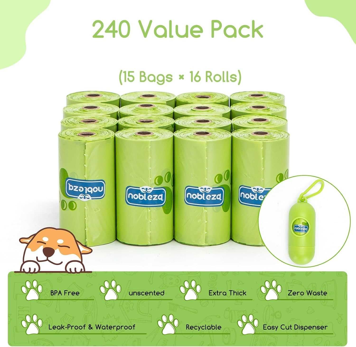 240 Sacos de cão biodegradáveis com dispensador Dog Poop Bag