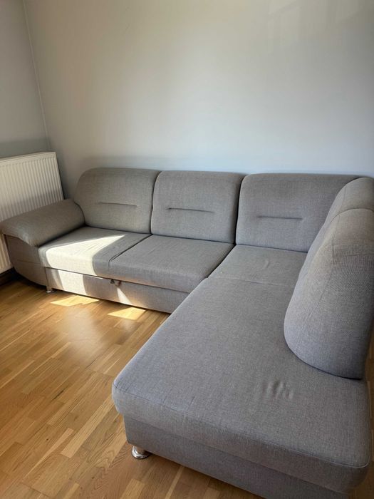narożnik materiałowy, szary, funkcja spania, pojemnik