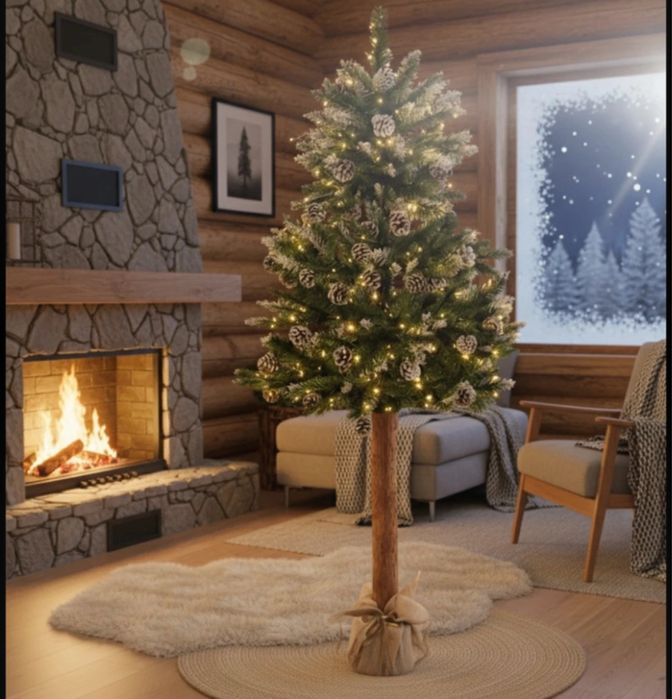 Elegancka sztuczna choinka na pniu 180cm sosna sztuczny śnieg drzewko