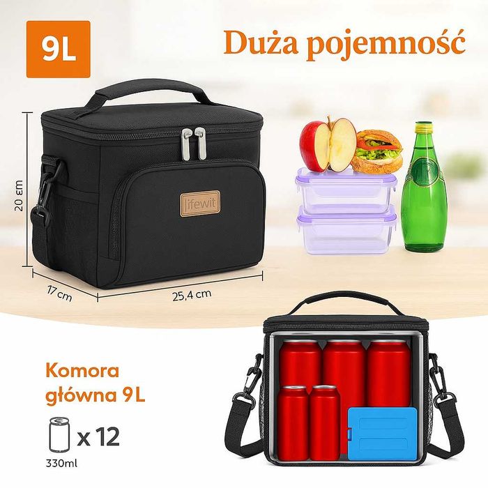 Izolowana torba na lunch Lifewit 9L+ 2 wkłady chłodzące