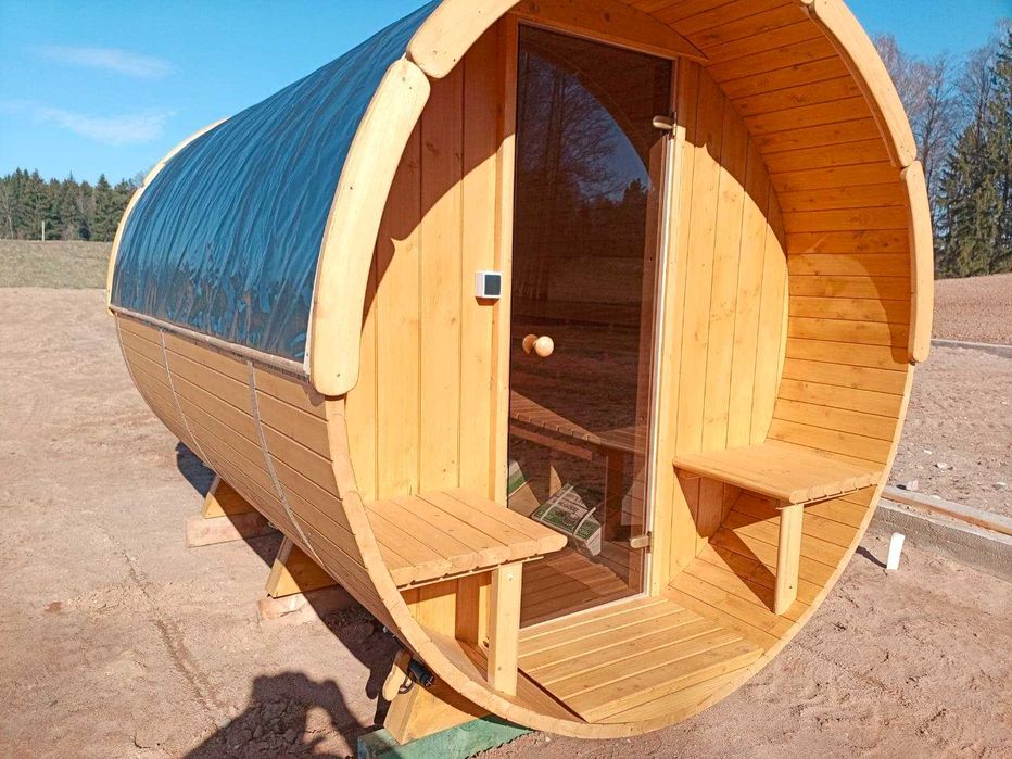 Sauna beczka 300-400cm, przedsionek, taras, przeszklenia, led!
