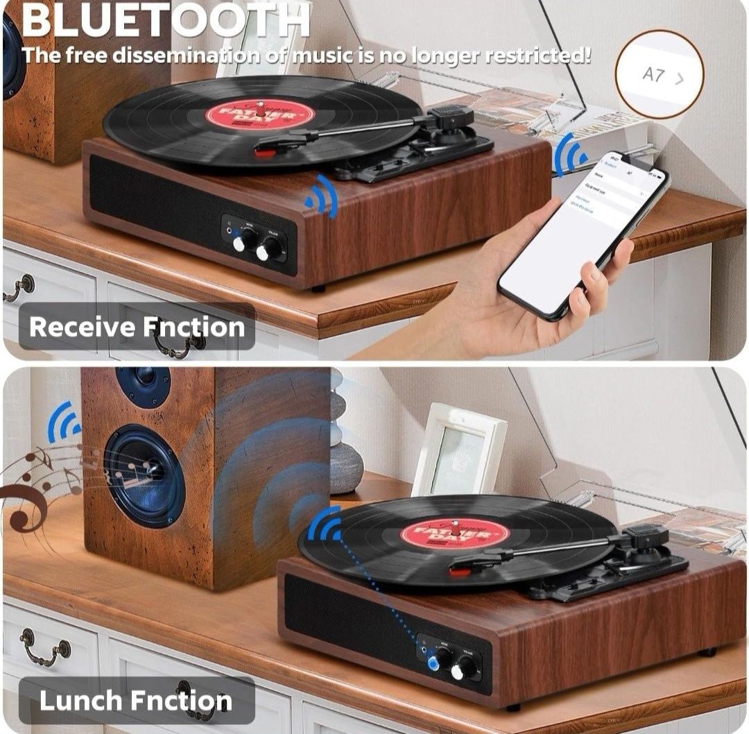 Anesky Gramofon w stylu vintage z Bluetooth, 3 prędkości (33/45/78 obr