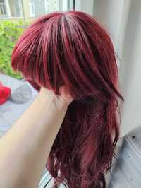 Peruka dla Kobiet Damska długie włosy burgund rubin czerwone z grzywką