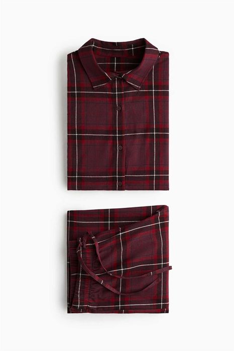 Piżama bawełniana flanela Koszula ze Spodniami S NOWA Ko krata burgund