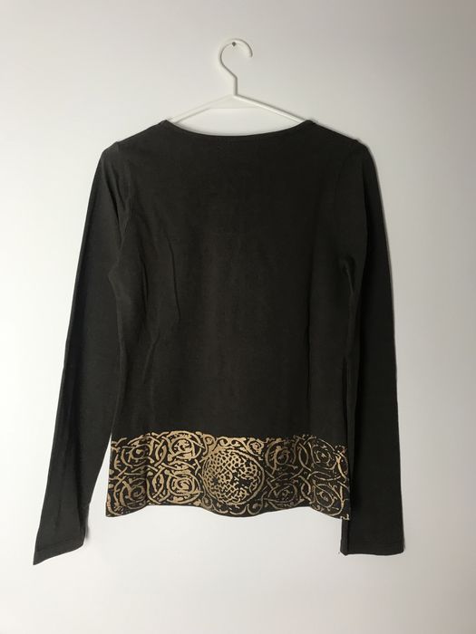 Brązowa bawełniana bluzka z długim rękawem jesienna złoty wzór Monnari