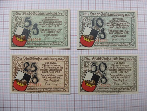 Notgeld Johannisburg banknoty zastępcze, pieniądz zastępczy Pisz 1920.