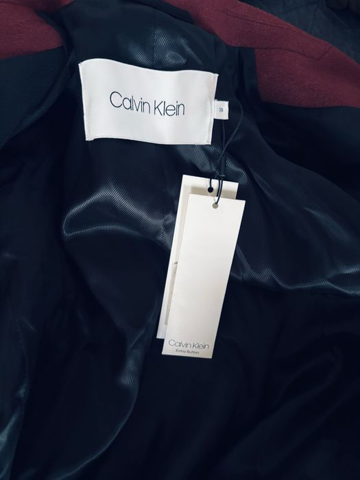 Dlugi wełniany płaszcz Calvin Klein burgundowy M 38