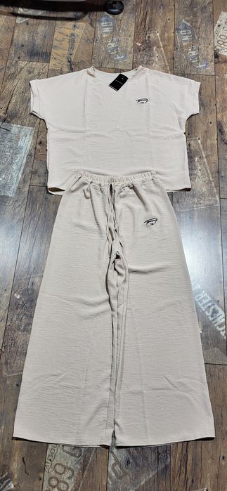 Włoski beżowy komplet muślinowy damski szerokie spodnie bluzka uni