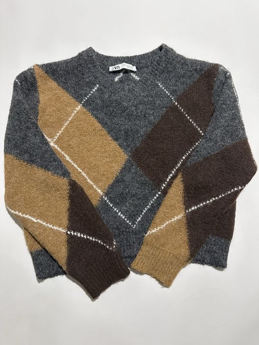 Светр шоколадний коричневий з сірим zara в ромб