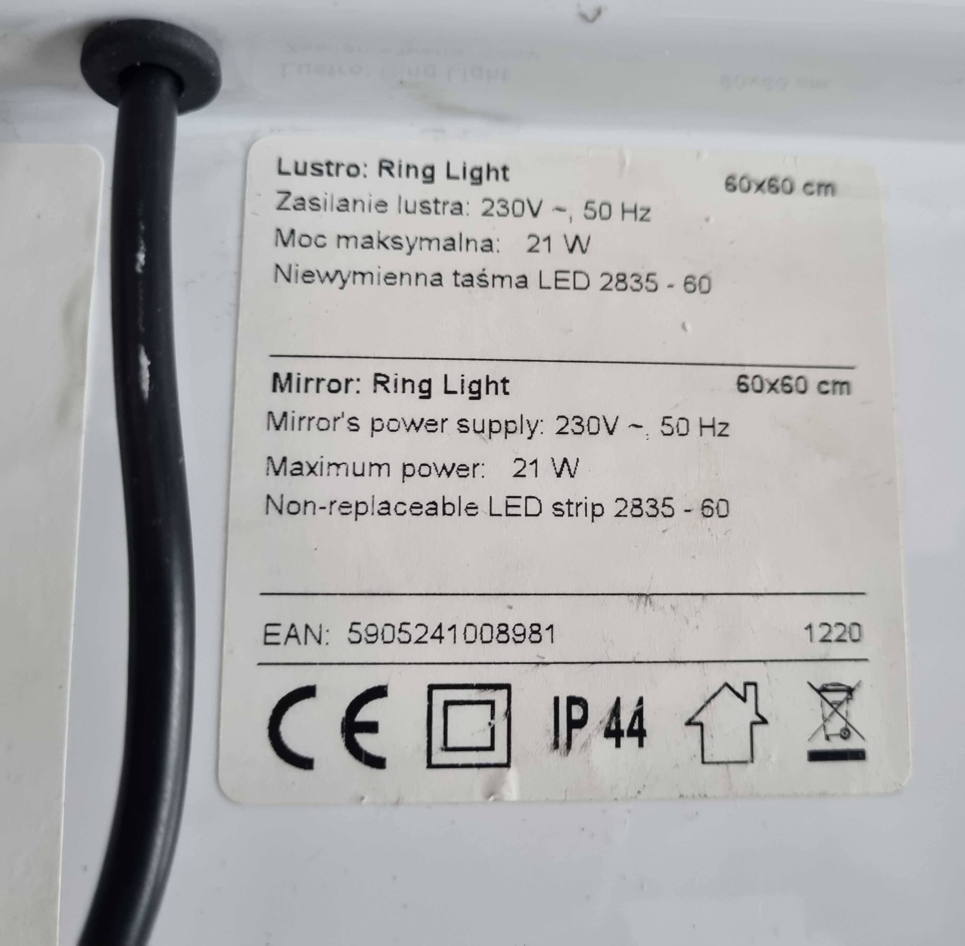 Lustro LED z wbudowanym oświetleniem RING LIGHT 60x60 DUBIEL VITRUM