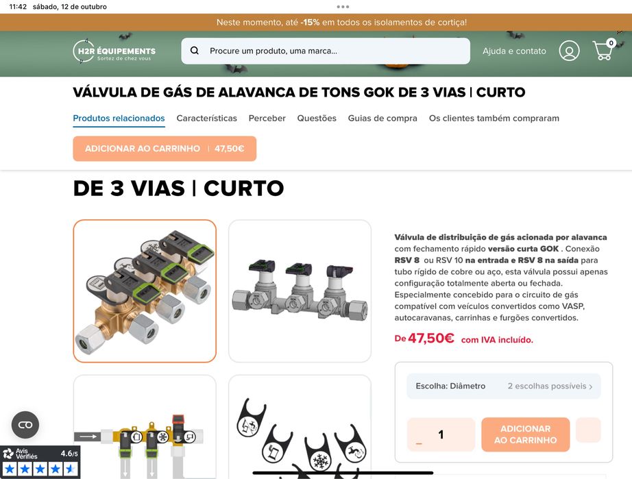 Redutor e valvula gas para autocaravana roullote