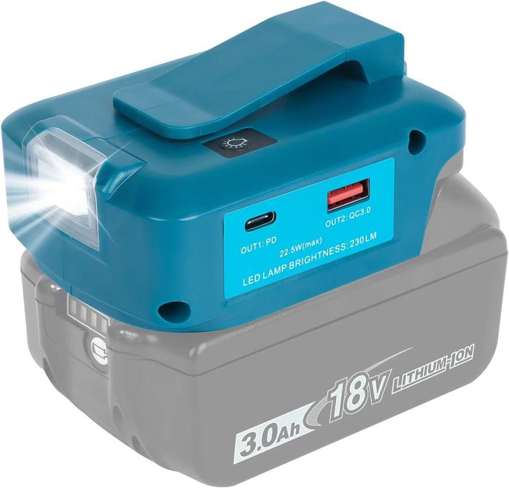 Adapter z lampką LED i USB-A USB-C i 12V akumulatory 18V WTL Waitley
