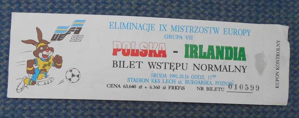 BILET mecz POLSKA - IRLANDIA Eliminacje ME 1992 piłka ( 16.10.1991 )