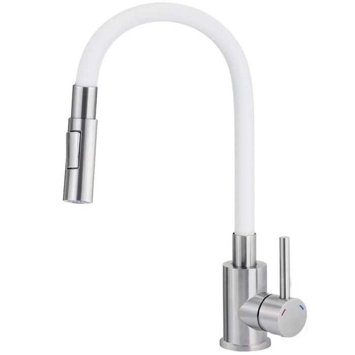 Deante Luno bateria zlewozmywakowa elastyczna 2-funkcyjna biała-stal