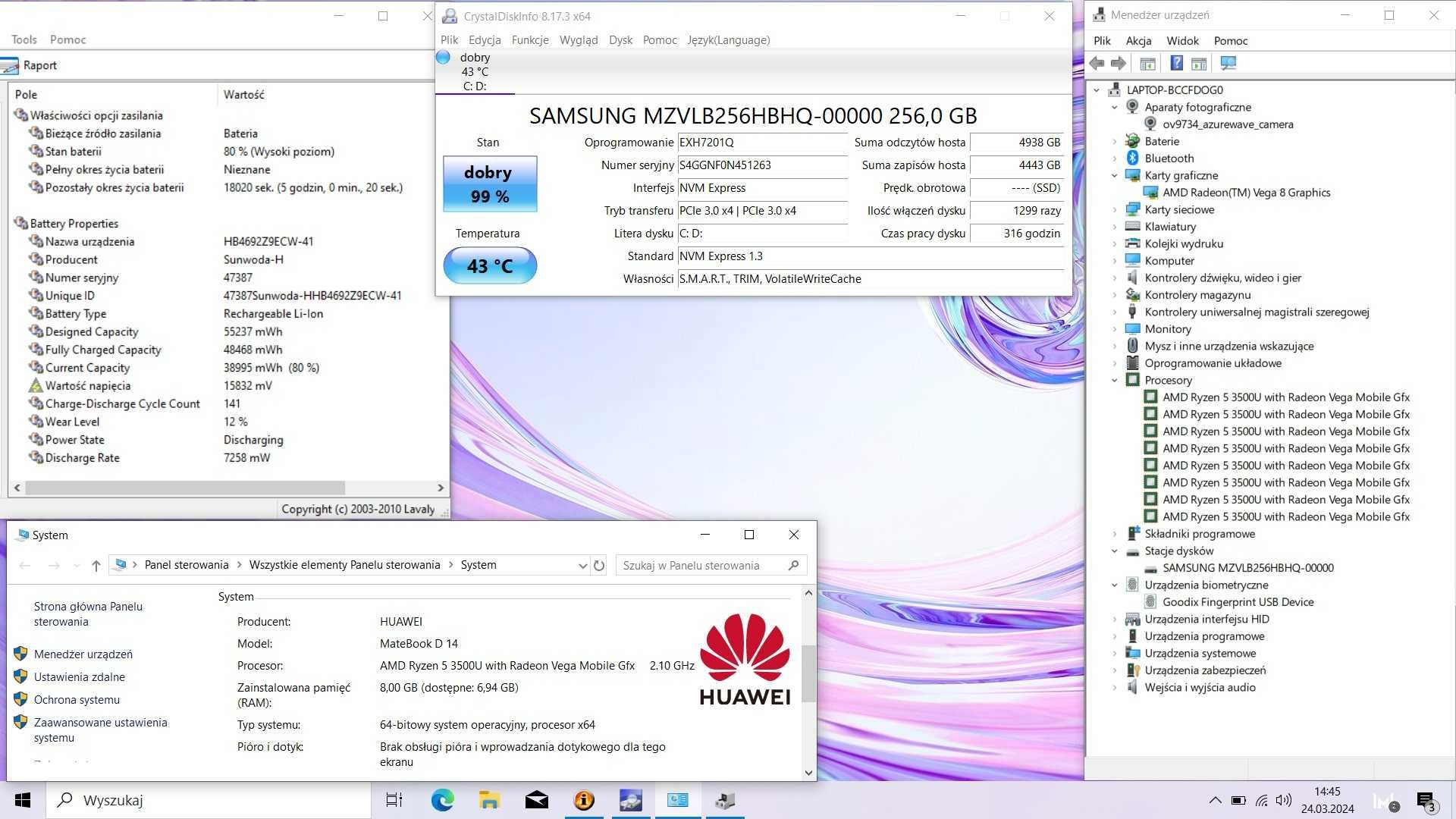 Huawei Matebook D14 Ryzen 5 3500u 8GB 256SSD IPS USB-C Win10