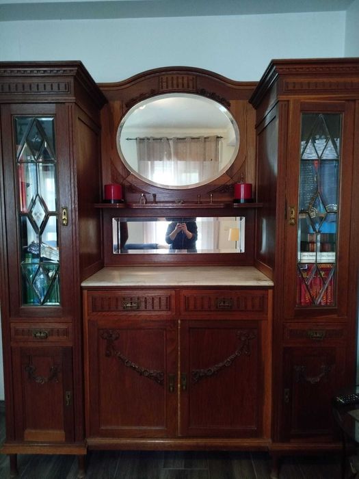 Conjunto 2 móveis madeira séc. XIX - espelhos e mármore incorporados