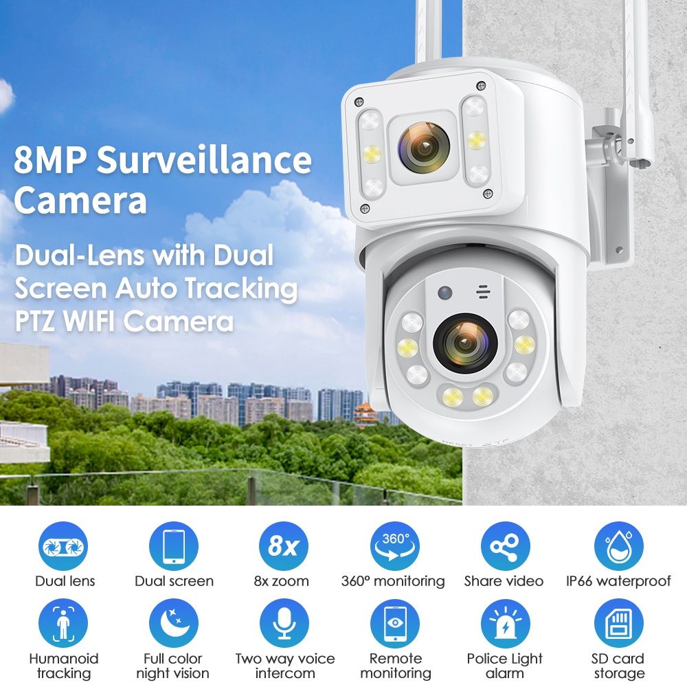 IP камера HD 8MP 4K з подвійним об'єктивом, WiFi, PTZ кольорова