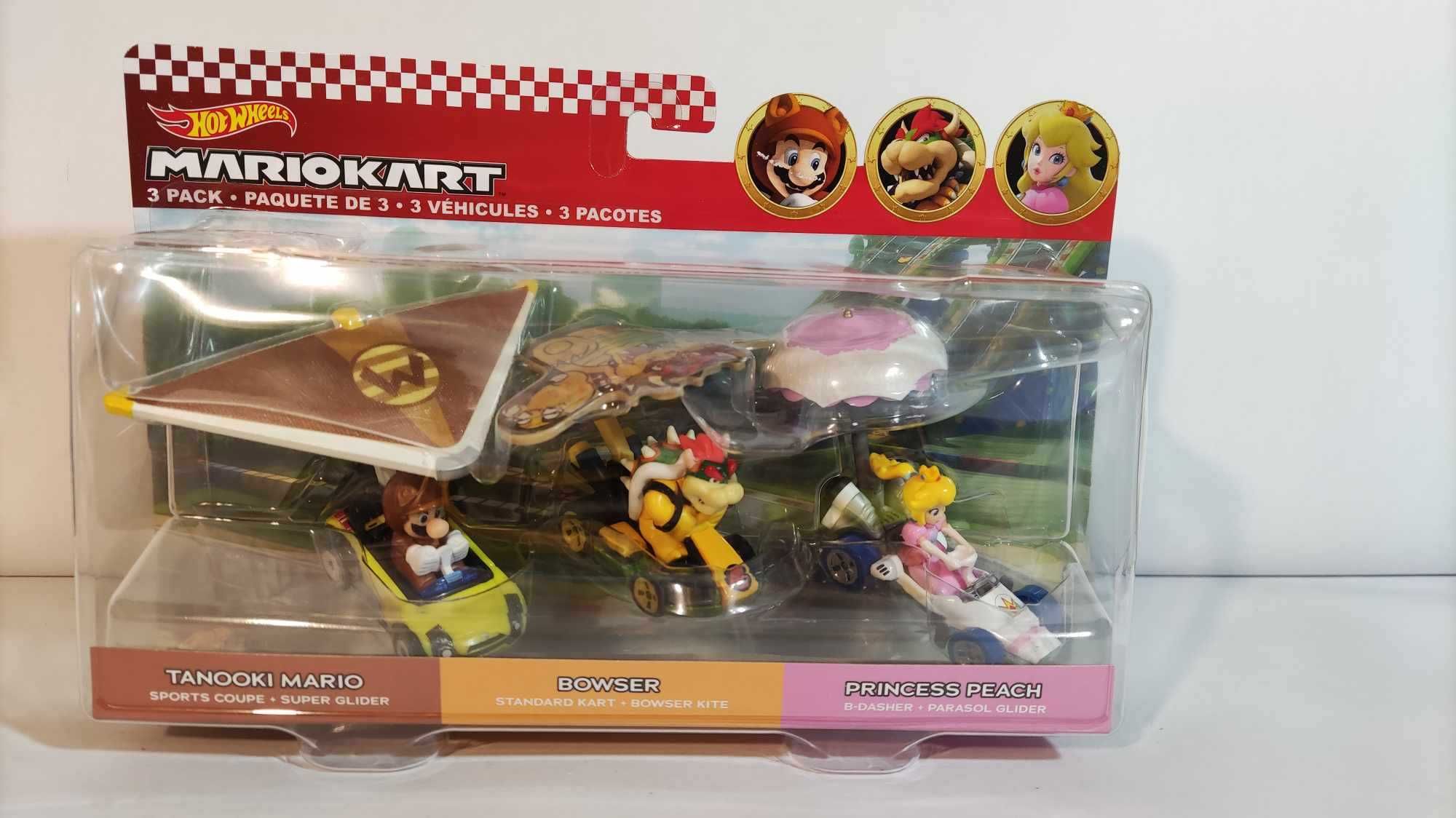 Hot Wheels Mariokart Tanooki, Bowser, księżniczka Mattel Super Mario