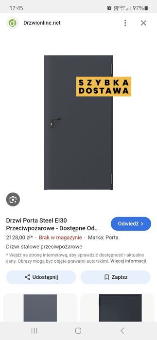Drzwi stalowe porta przeciwpożarowe ei30 100