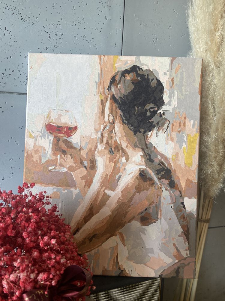 Obraz ręcznie malowany na płótnie 40x50 Boho Kobieta Z winem