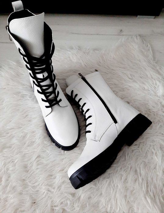 SAWAY piękne białe botki traperki skóra naturalna 39