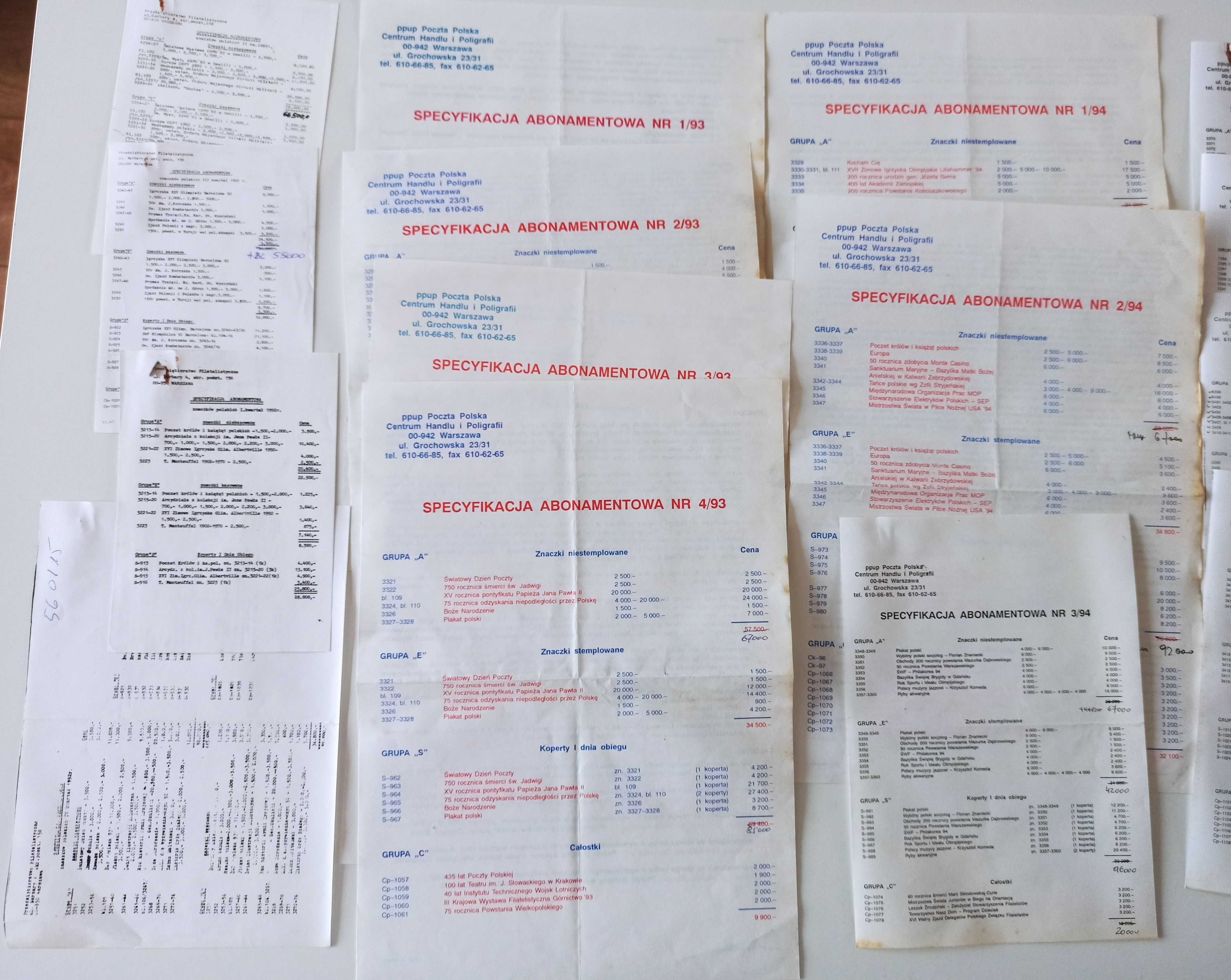 Specyfikacja abonamentowa znaczków polskich 1967 + 1992–1997