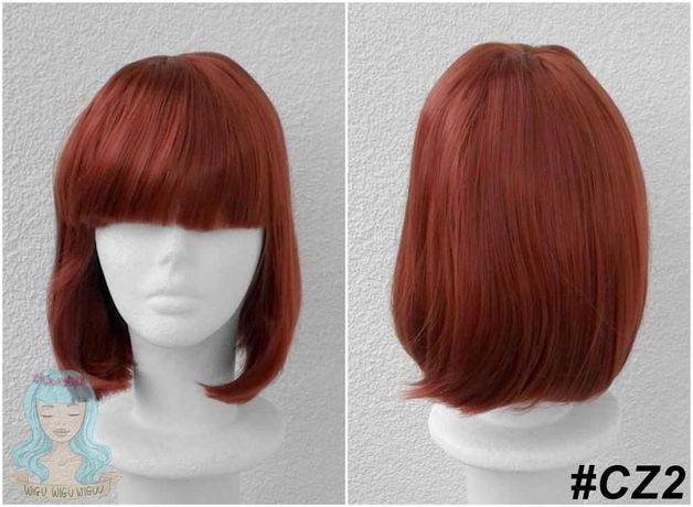 Czerwona krótka ruda peruka bob z prostą grzywką cosplay wig