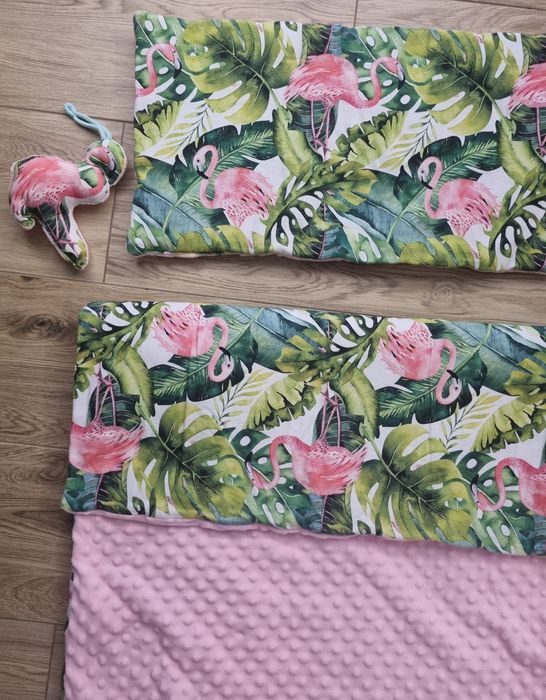 Kocyk + poduszka + zawieszka / Minky róż flamingi / Bawełna Handmade