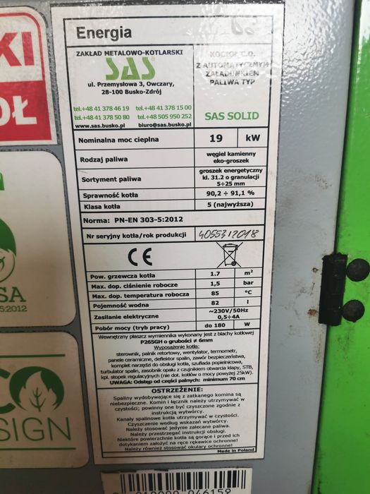 Sprzedam. Kocioł sas ekogroszek 19kw używany 5 lat