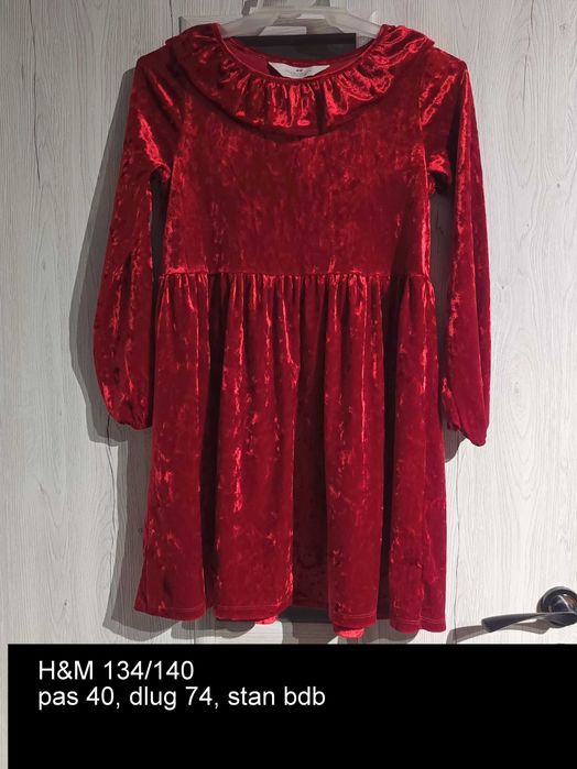 134/140 sukienka welurowa z kołnierzykiem H&M 2 szt czerwona i różowa