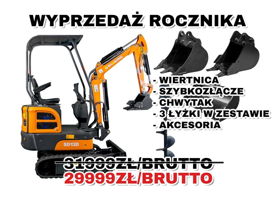 Nowa Minikoparka ETB-SD13D + Wiertnica 3 Łyżki, Szybkozłącze, Chwytak