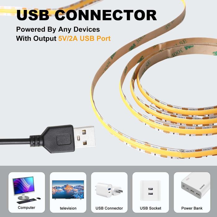 Світлодіодна лента COB LED 5V USB стрічка для повербанка опт і роздріб