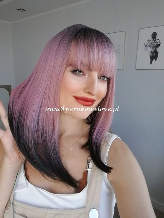 Peruka różowa ombre długi bob na co dzień WŁOSY jak naturalne