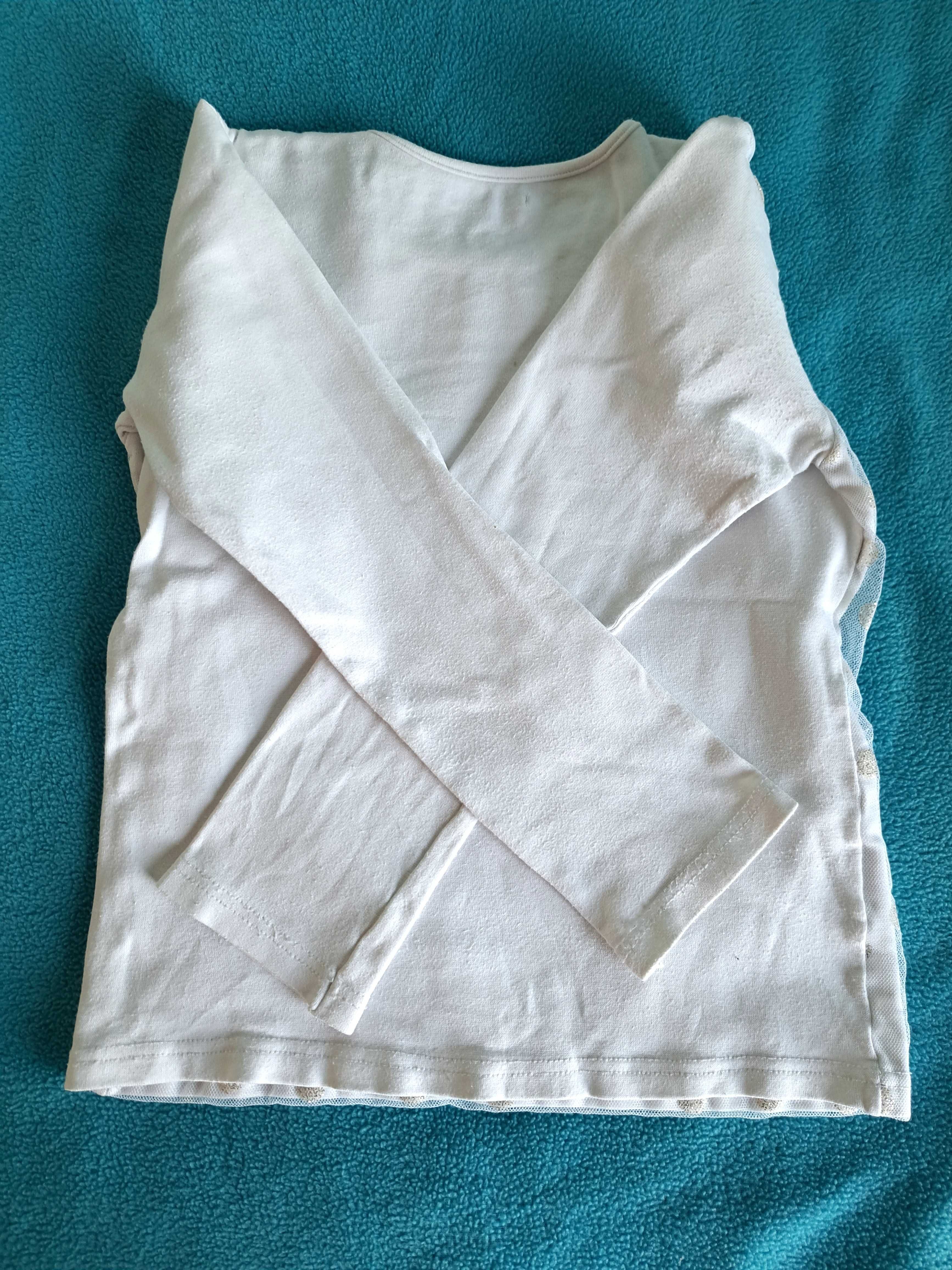 2 bluzeczki z długim rękawem, biała tiul z brokatem i kremowa 116