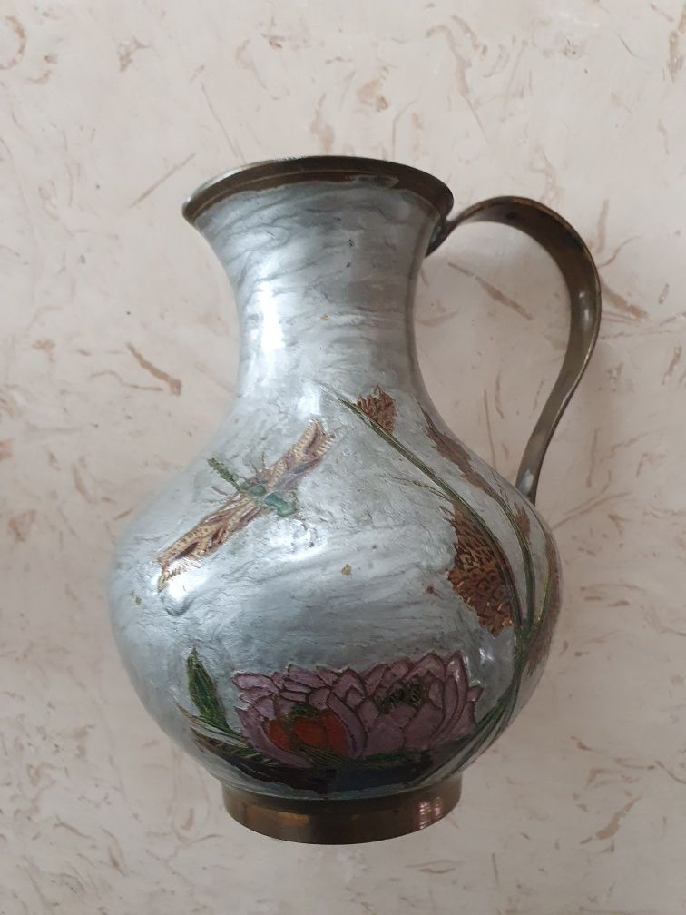 Stary wazonik, emaliowany, mosiężny secesja, Art Nuvou