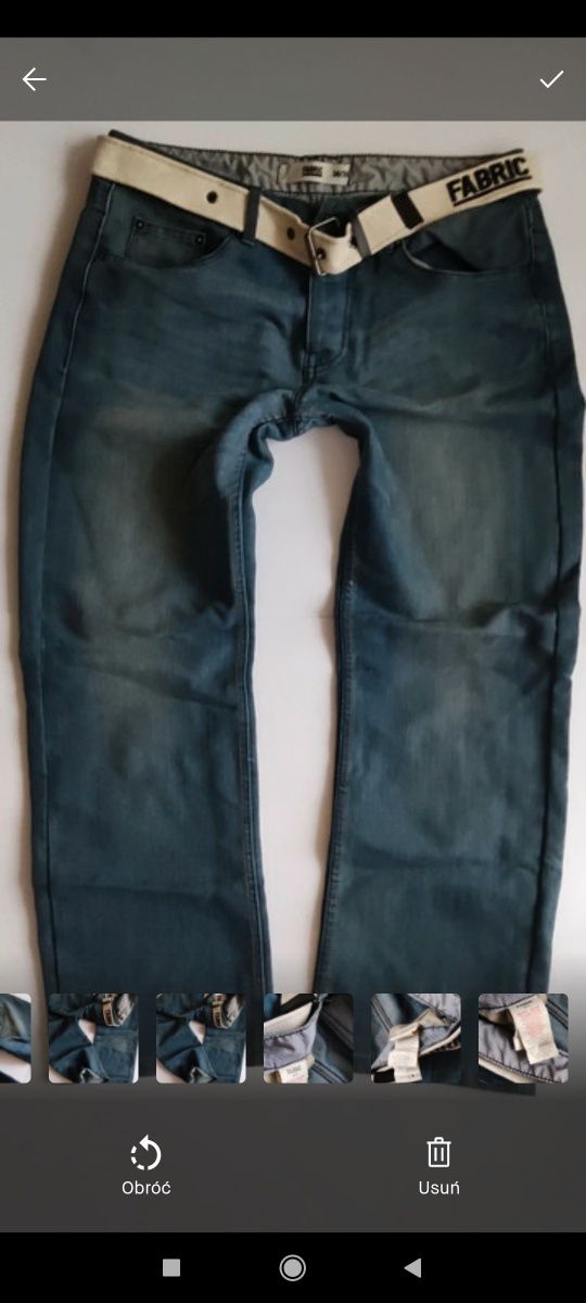 R. 34 Nowe Męskie Spodnie Jeans Navy Plus Pasek Logo Pleciony Biały