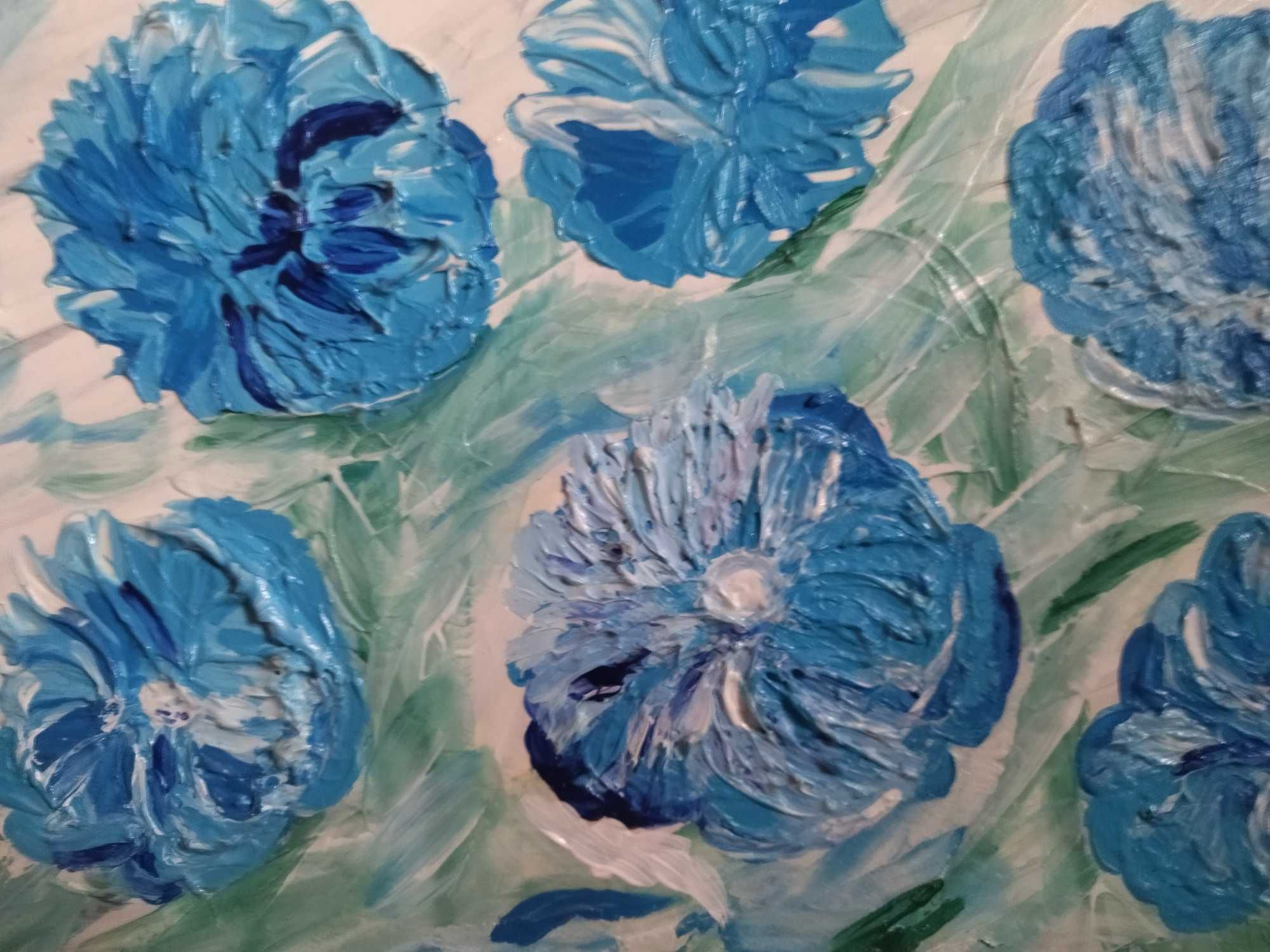 Картина "Синие цветы".Акрил, шпатлёвка, глянцевый лак.