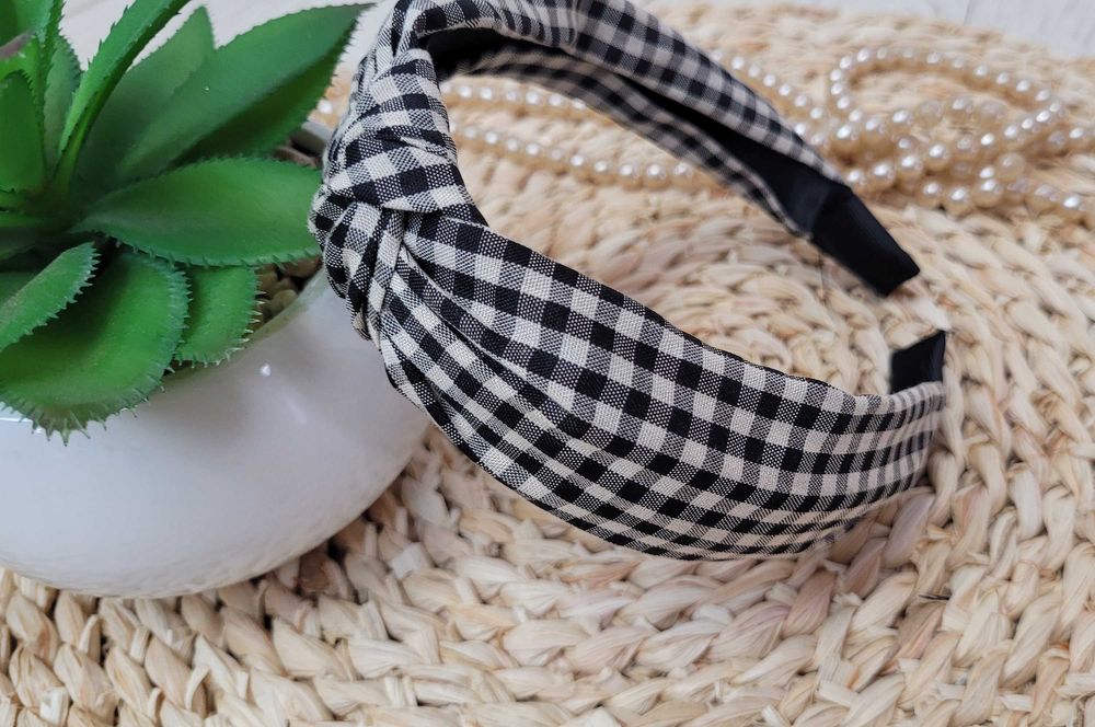 NOWA opaska damska w kratę supeł węzeł elastyczna szeroka NIEBIESKA