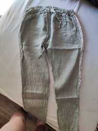 Lniane spodnie khaki z lampasem M