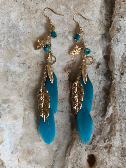 Kolczyki India Bohemian Retro Pióra ze złotym liściem, Turkus