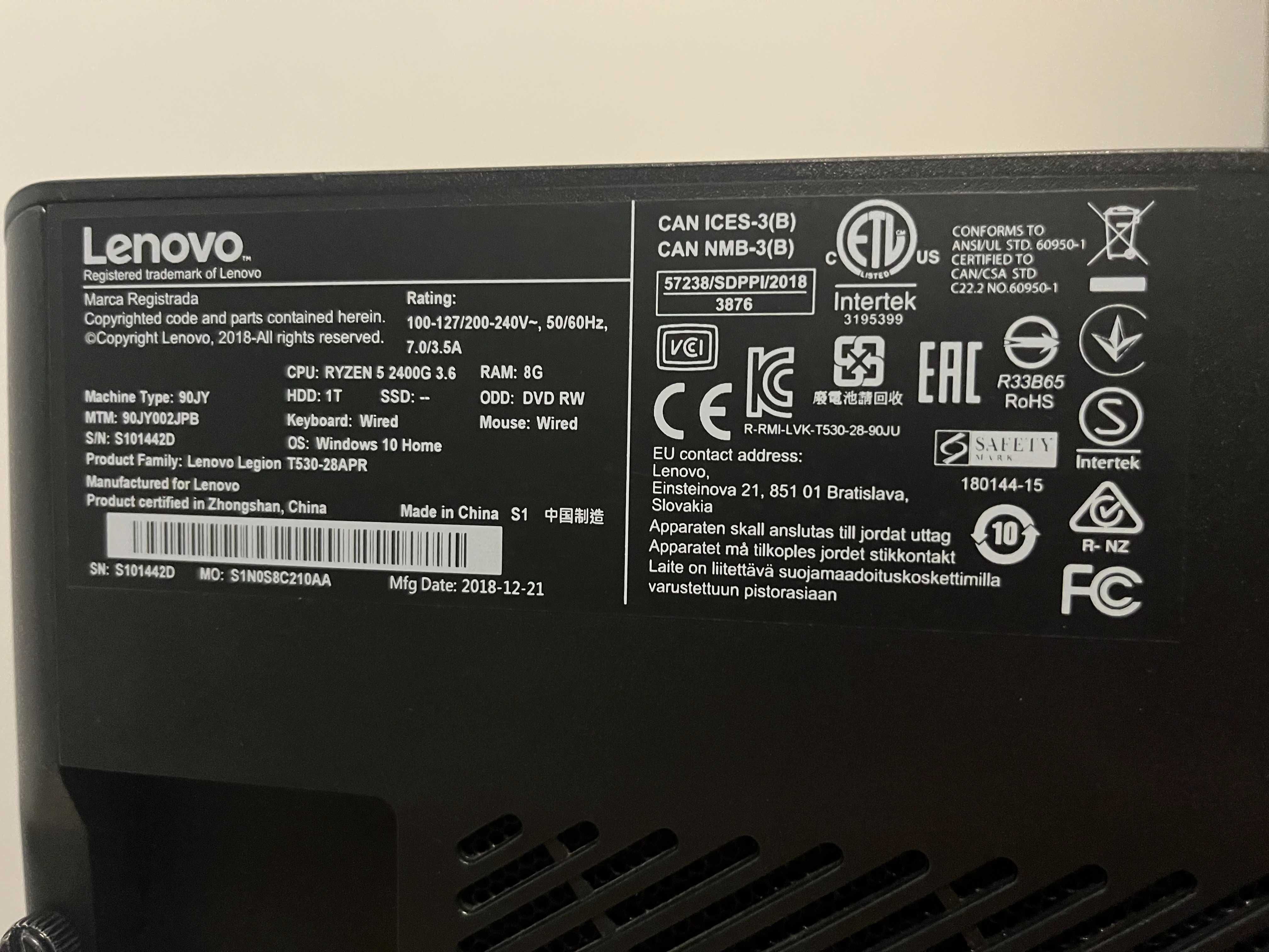 Lenovo Legion T530-28APR Ryzen 5 2400G 16GB DDR4 GTX 750Ti 4GB GDDR5
