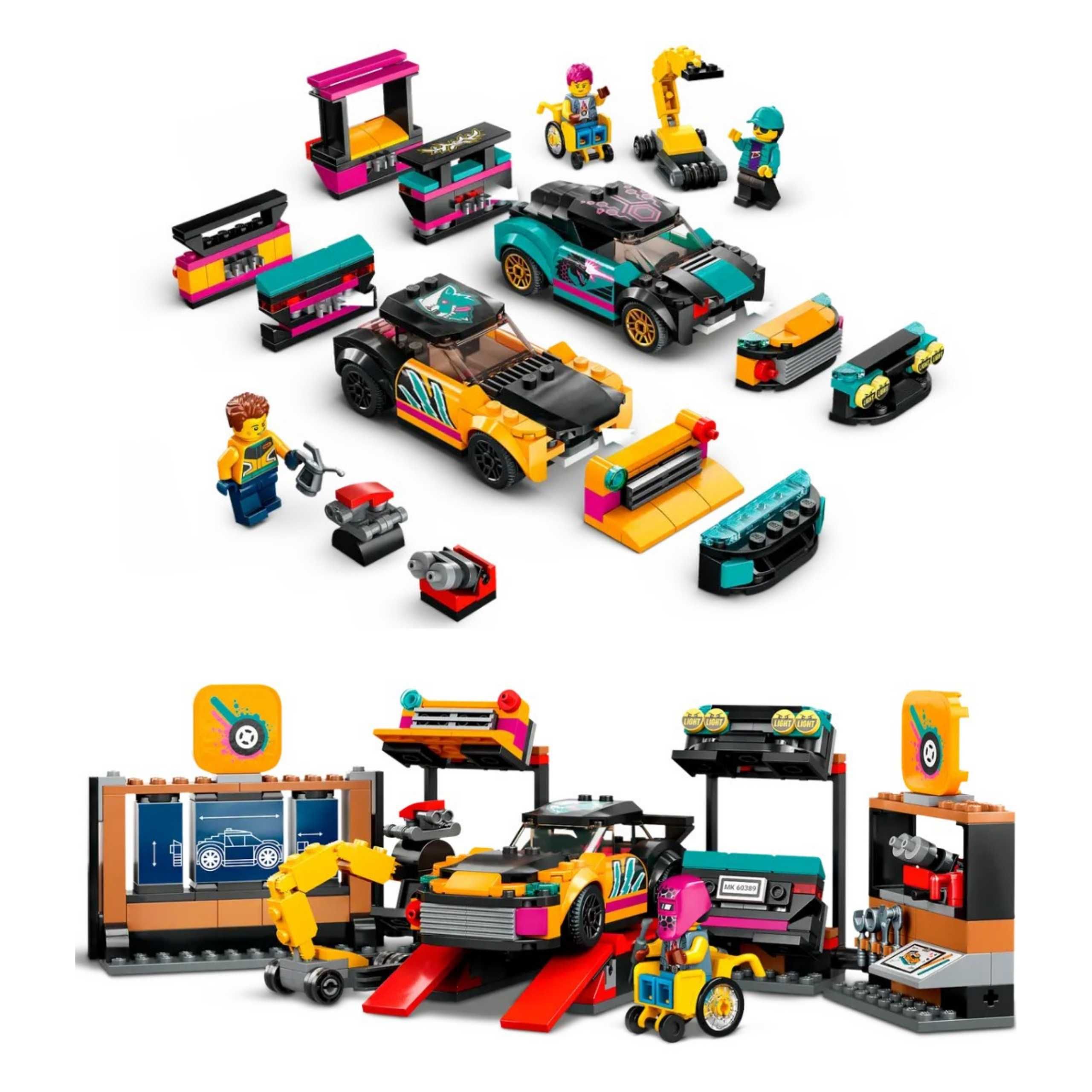 LEGO City 60389 - warsztat samochodowy do tuningu, wyścigi, 4 figurki
