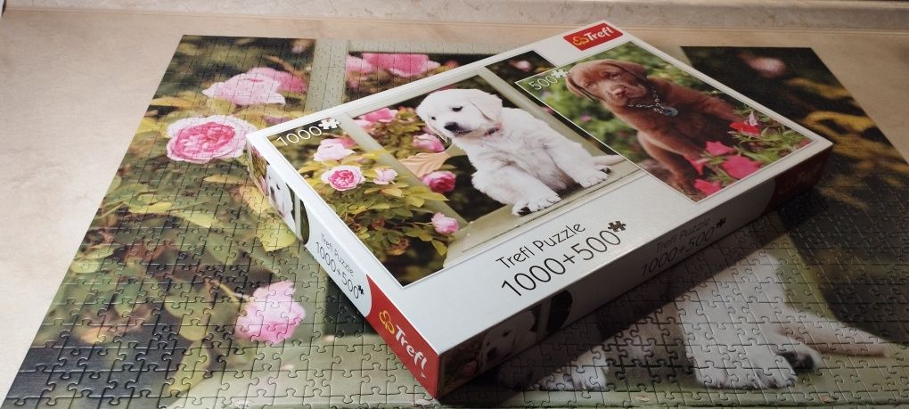 Puzzle 2w1 Trefl 1000 + 500 elementów Psy Szczeniaki Nowe kompletne