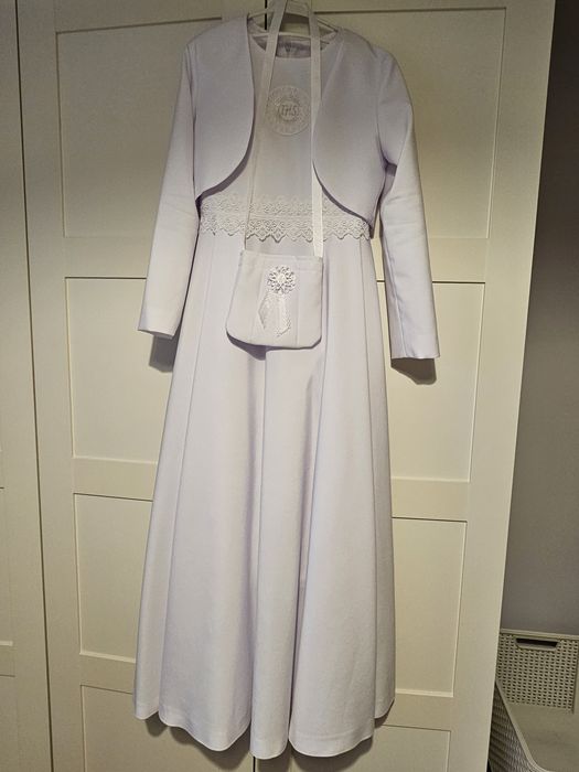 Sukienka komunijna, strój na przebranie, bolerko, wianek, buty, torebk