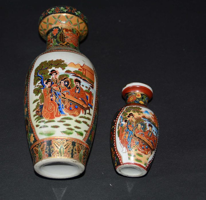 Ceramiczne Wazony Chińskie Scena rodzajowa Zestaw 2 sztuk Vintage