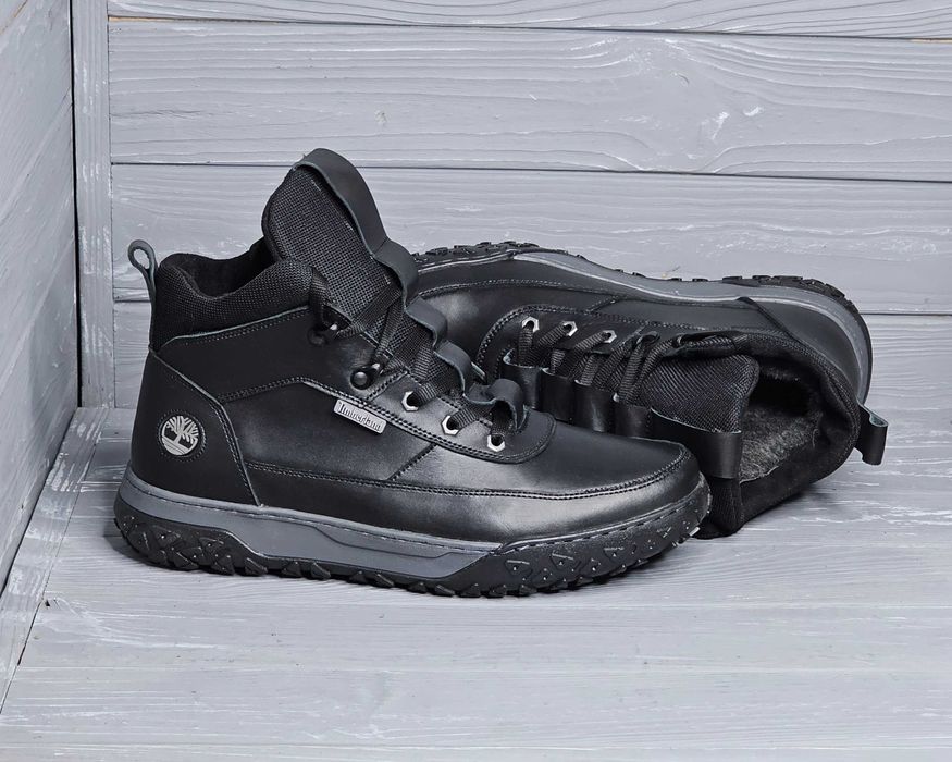 Кожаные зимние мужские черные прошитые ботинки на меху Шнурок 2 змейки