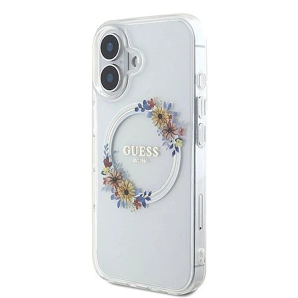 Etui Guess IML Flowers Wreath MagSafe na iPhone 16 - przezroczyste