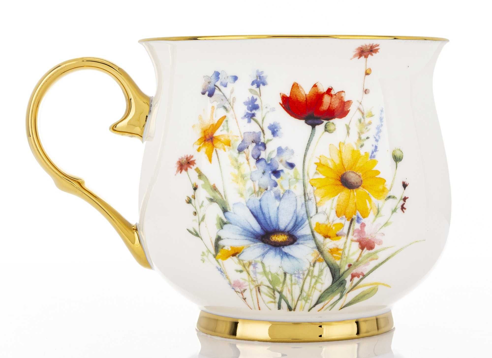 Kubek Porcelanowy Filiżanka do Kawy Herbaty 450 ml Biały Kwiaty Złoty