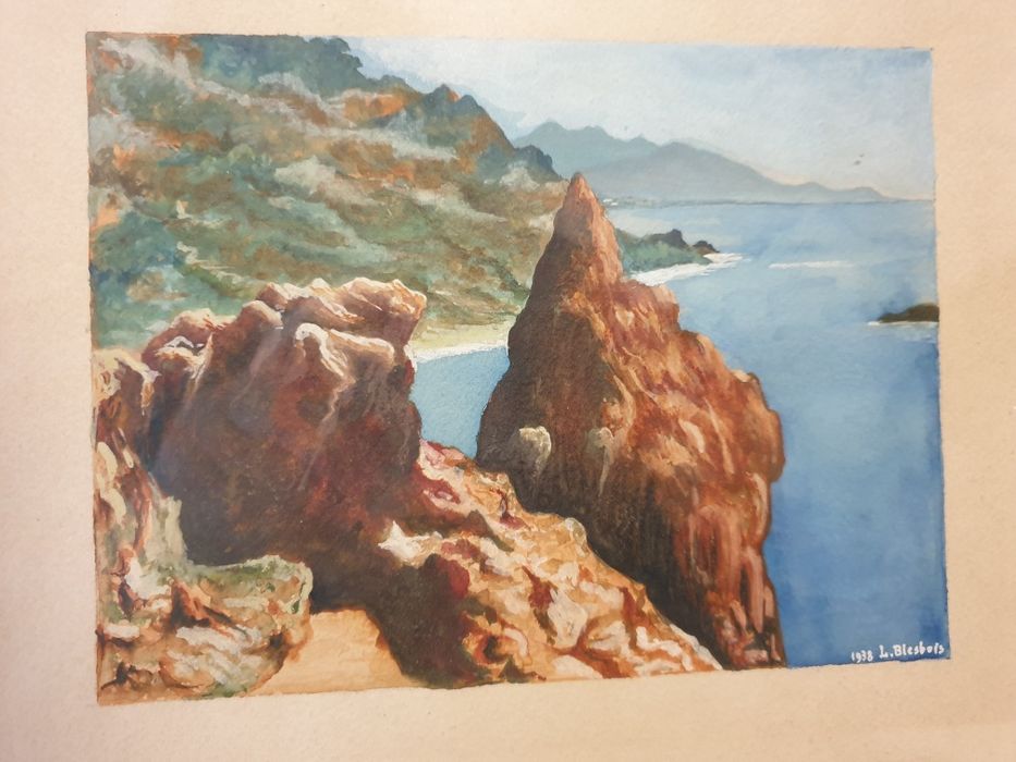 Antiga aguarela com paisagem marítima - 1938 L. Blesbois
