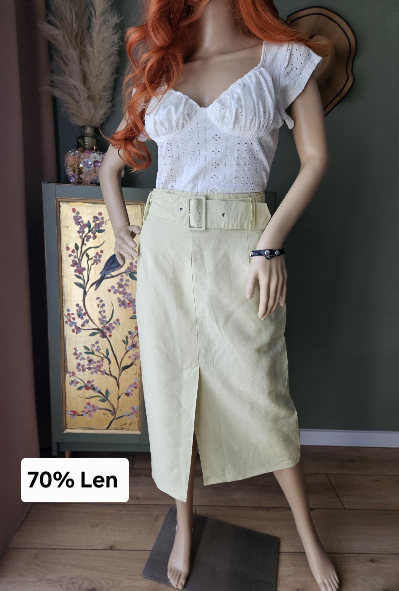 Elegancka Seledynowa  lniana ołówkowa spódnica z paskiem M/ L casu